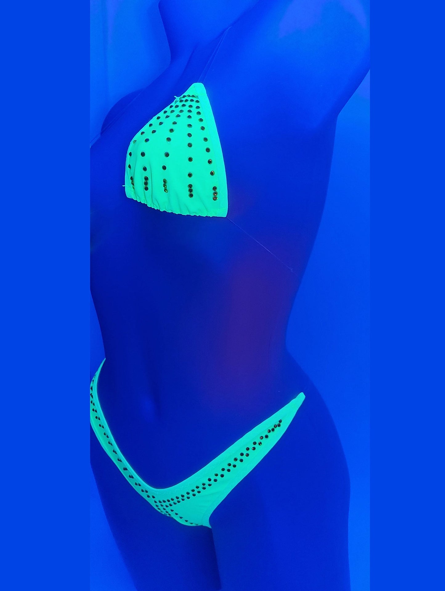 Neon Yellow transparent Clear invisible elastic Micro string thong bikini with Yellow Rhinestones