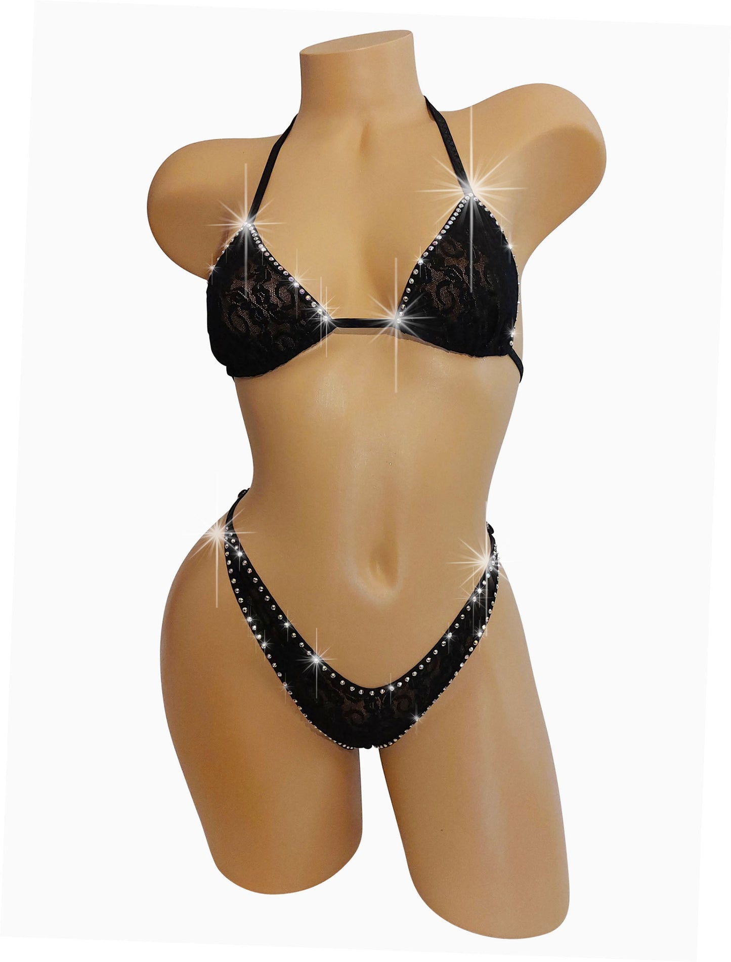 Rhinestone sparkle Fully Lined Black Lace stretch adjustable bikini