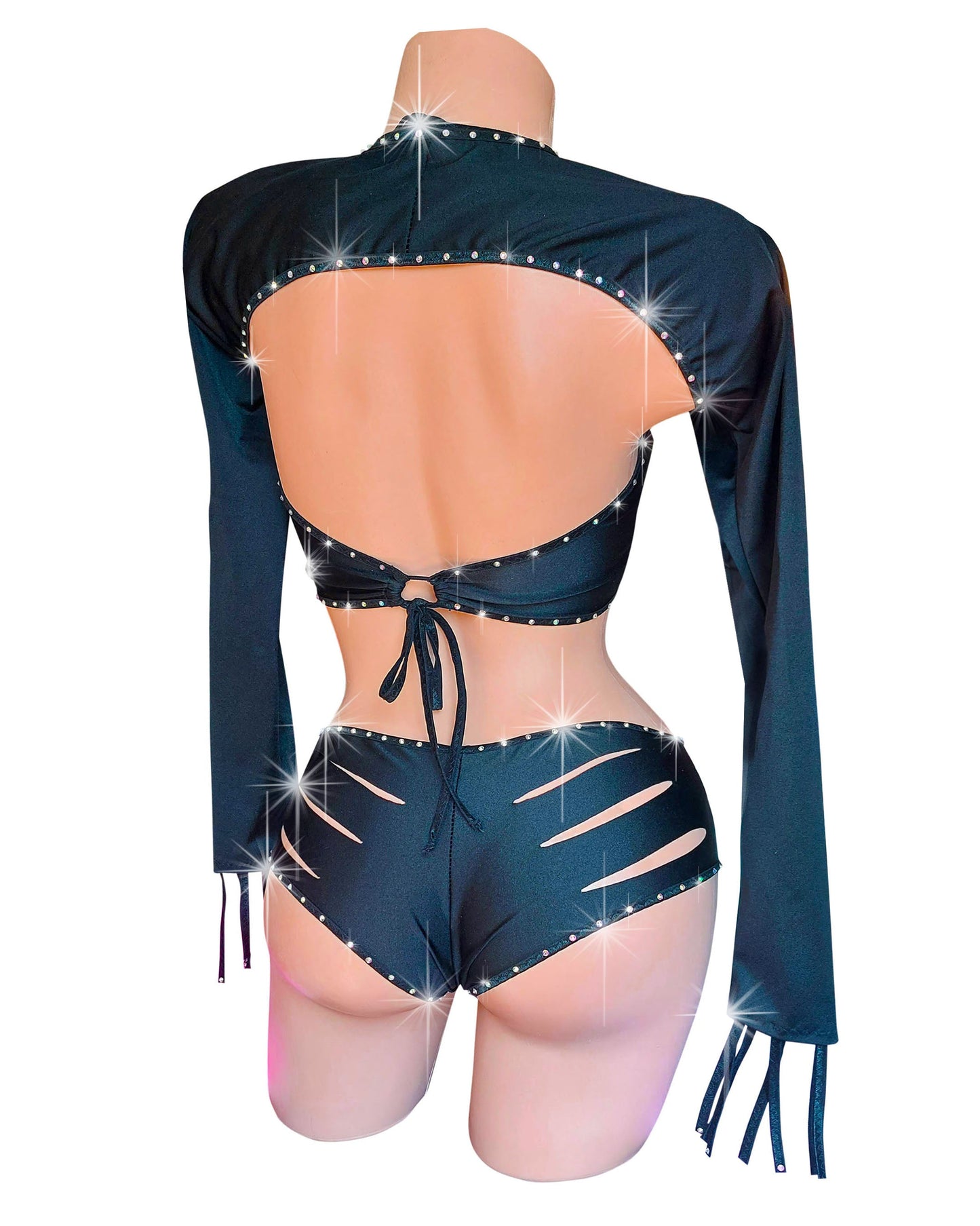 Rhinestone Biker Gurl slashed stretch shorts, shrug and scoop top - original Designer Set