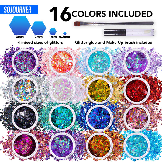 16 pack + 1 glitter glue Chunky Cosmetic Holographic Glitter | Body, Face & Hair Safe