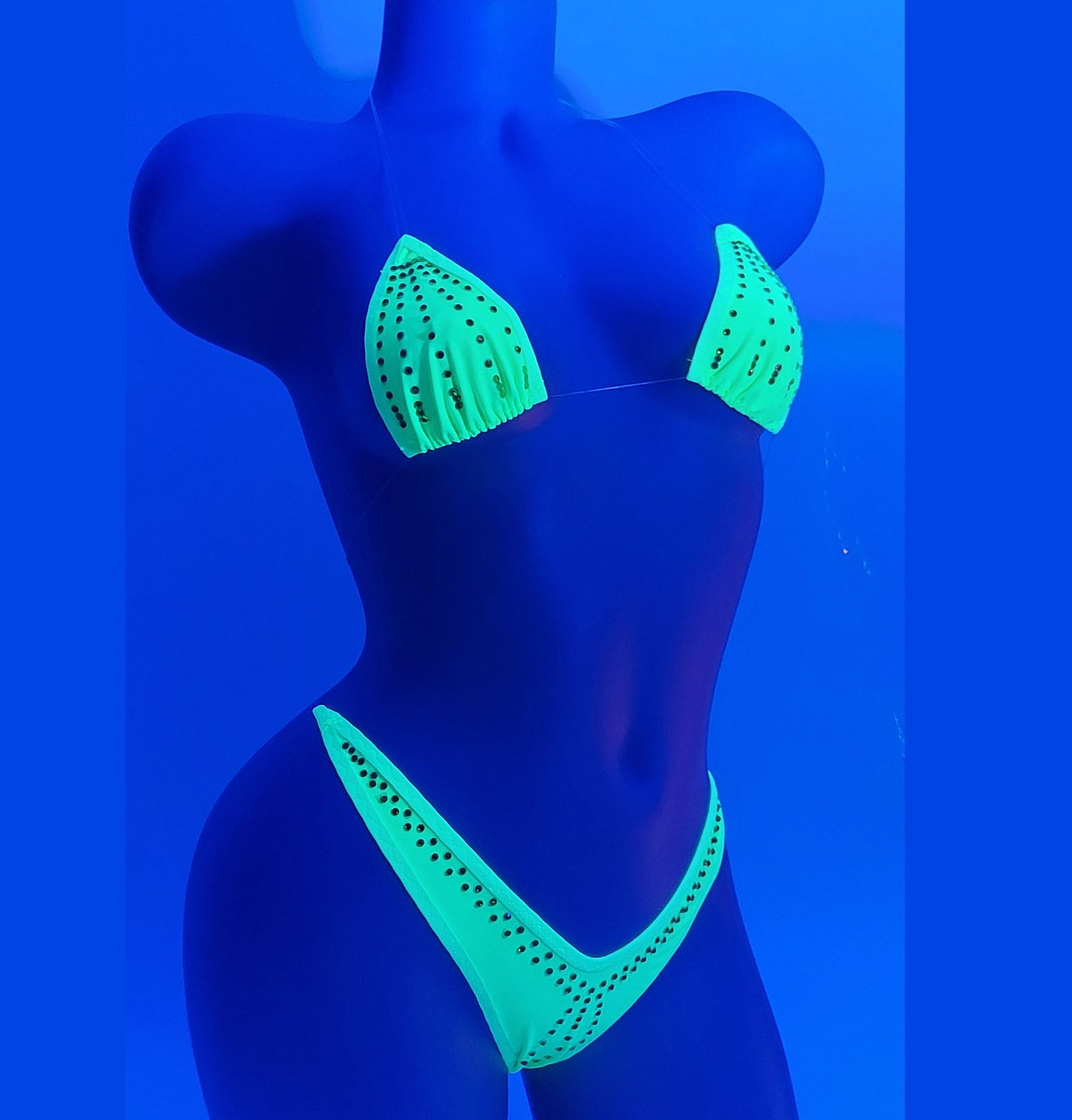 Neon Yellow transparent Clear invisible elastic Micro string thong bikini with Yellow Rhinestones