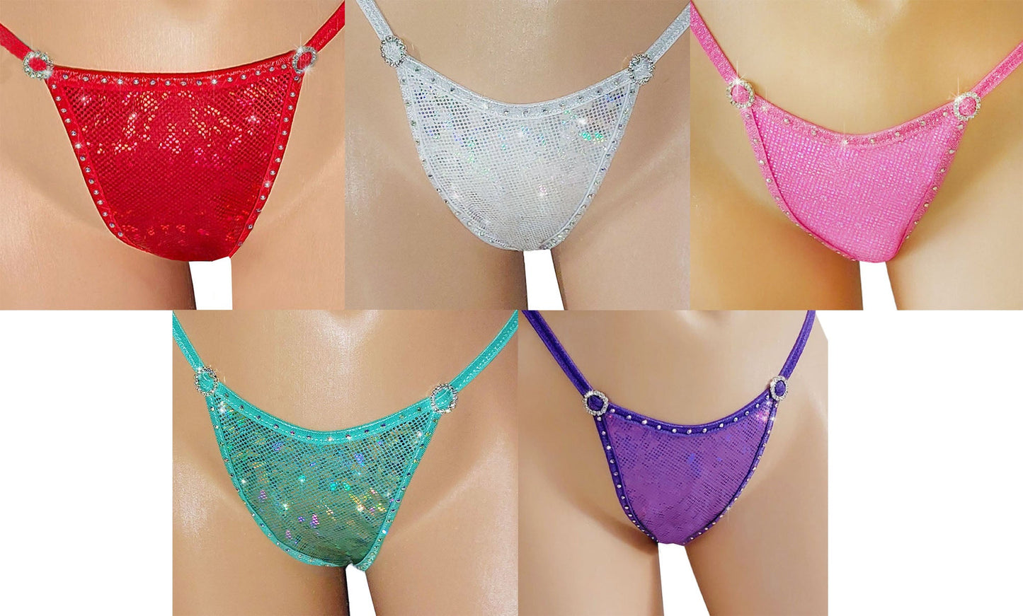 RAVE Diamond Hologram & Rhinestone Thong G-string * 4 sizes! 5 colors: Pink, Red, Purple, White & Seafoam