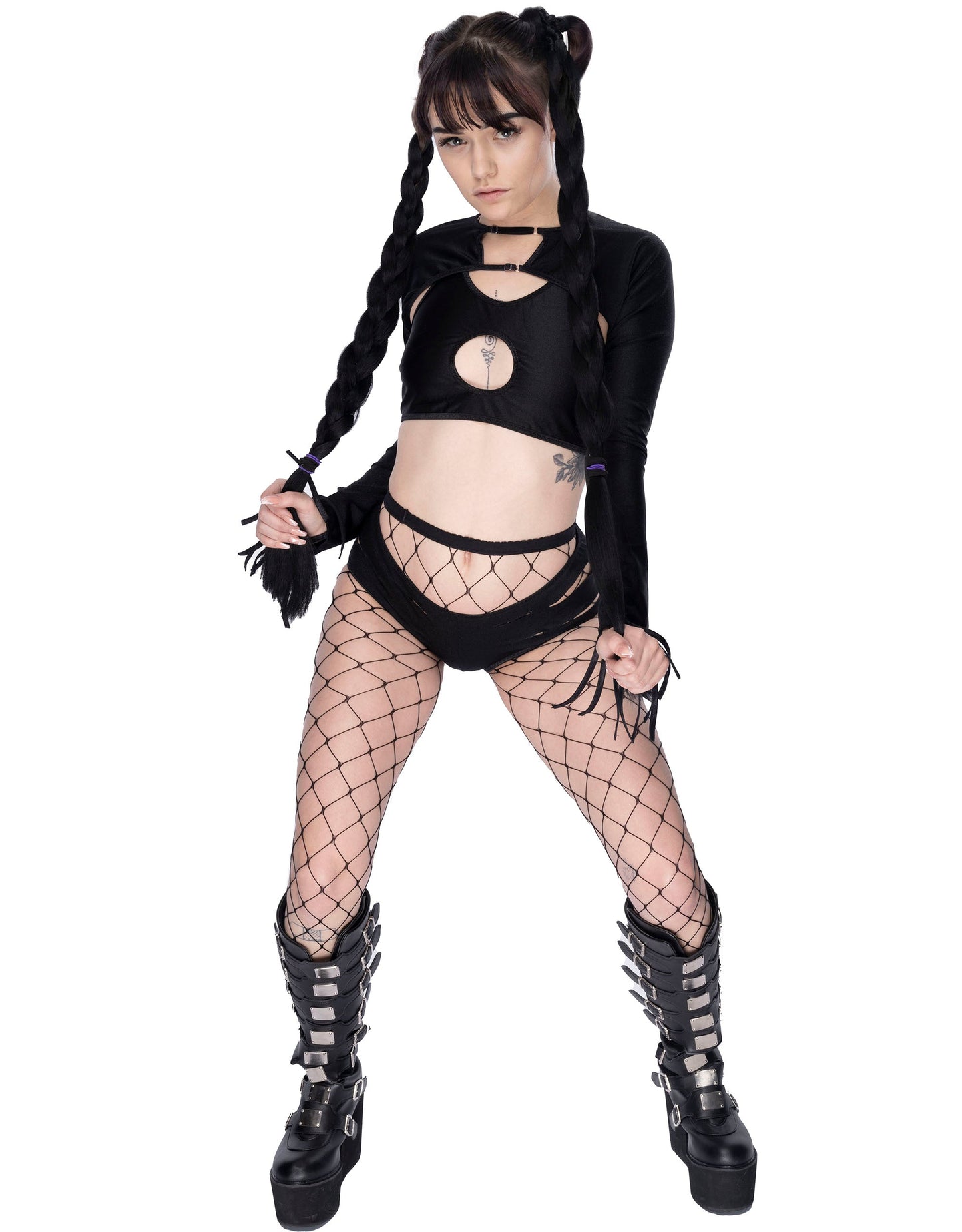 Adjustable long sleeve Shrug, cutout Scoop top & Slashed Shorts 3 pc Designer Set - Bottle service outfits, Barista, exotic dancewear, Rave, stripper outfits, pole dance fits