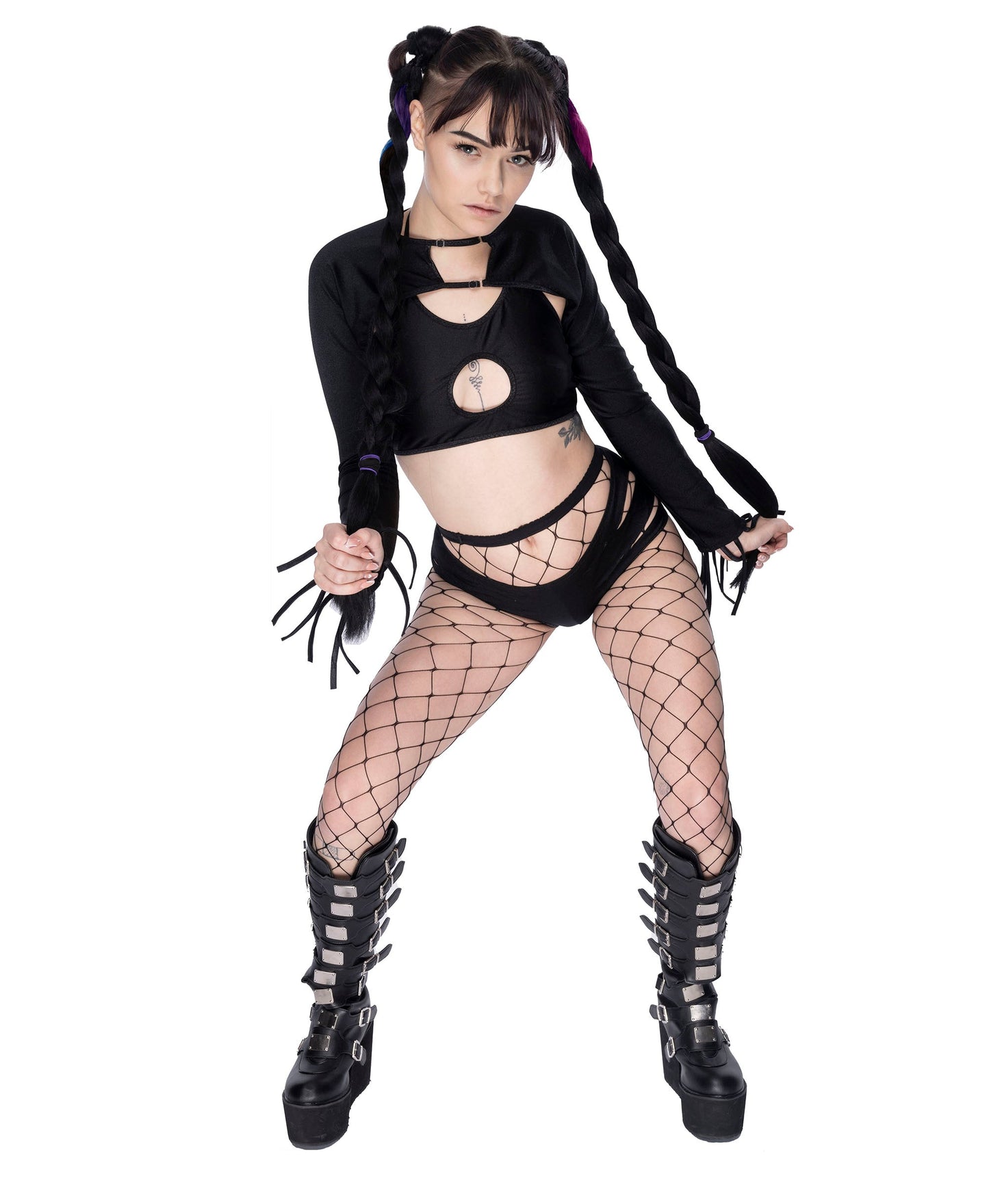 Adjustable long sleeve Shrug, cutout Scoop top & Slashed Shorts 3 pc Designer Set - Bottle service outfits, Barista, exotic dancewear, Rave, stripper outfits, pole dance fits