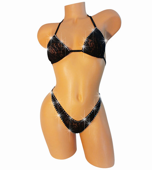 Rhinestone sparkle Fully Lined Black Lace stretch adjustable bikini