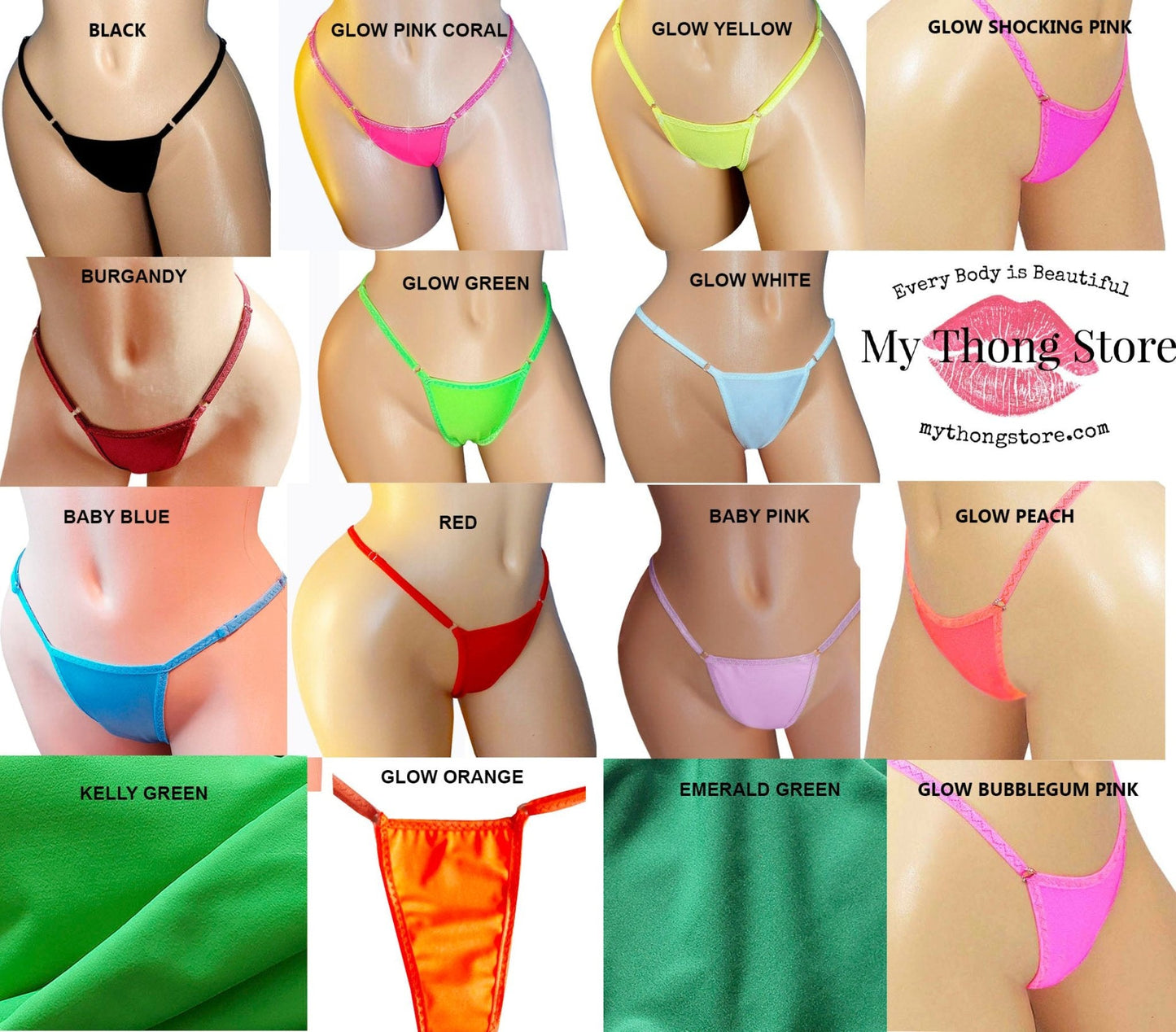 PLATINUM Adjustable thong -Dozens of colors including GLOW IN BLACK LIGHT - XS to LG -