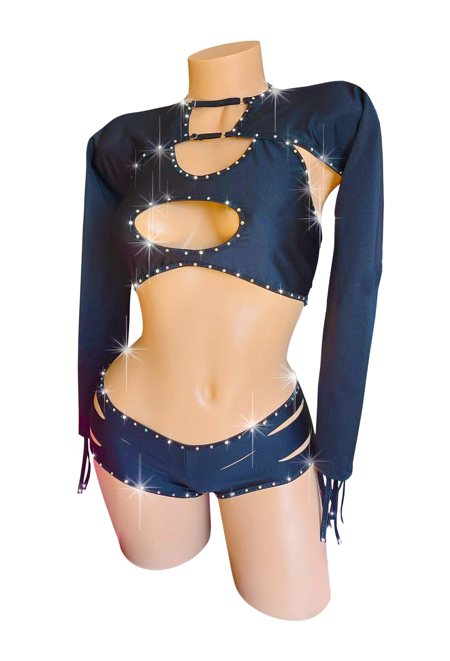 Rhinestone Biker Gurl slashed stretch shorts, shrug and scoop top - original Designer Set