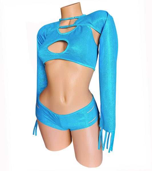 3 pc Designer set - Slashed Shorts, Shrug and Scoop top Set