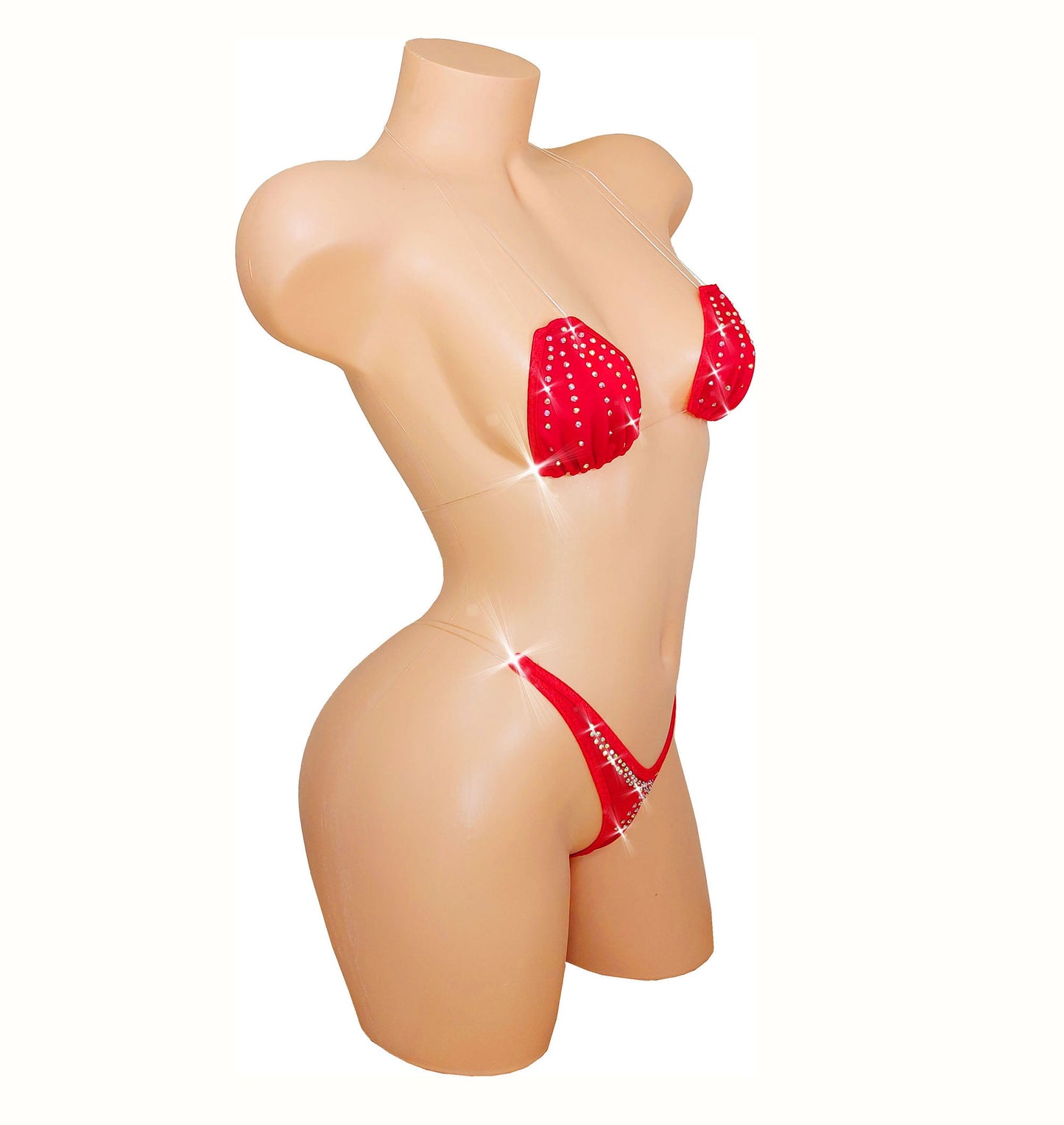 RED HOT Clear transparent elastic Invisible Rhinestone micro thong bikini set