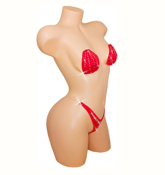 RED HOT Clear transparent elastic Invisible Rhinestone micro thong bikini set