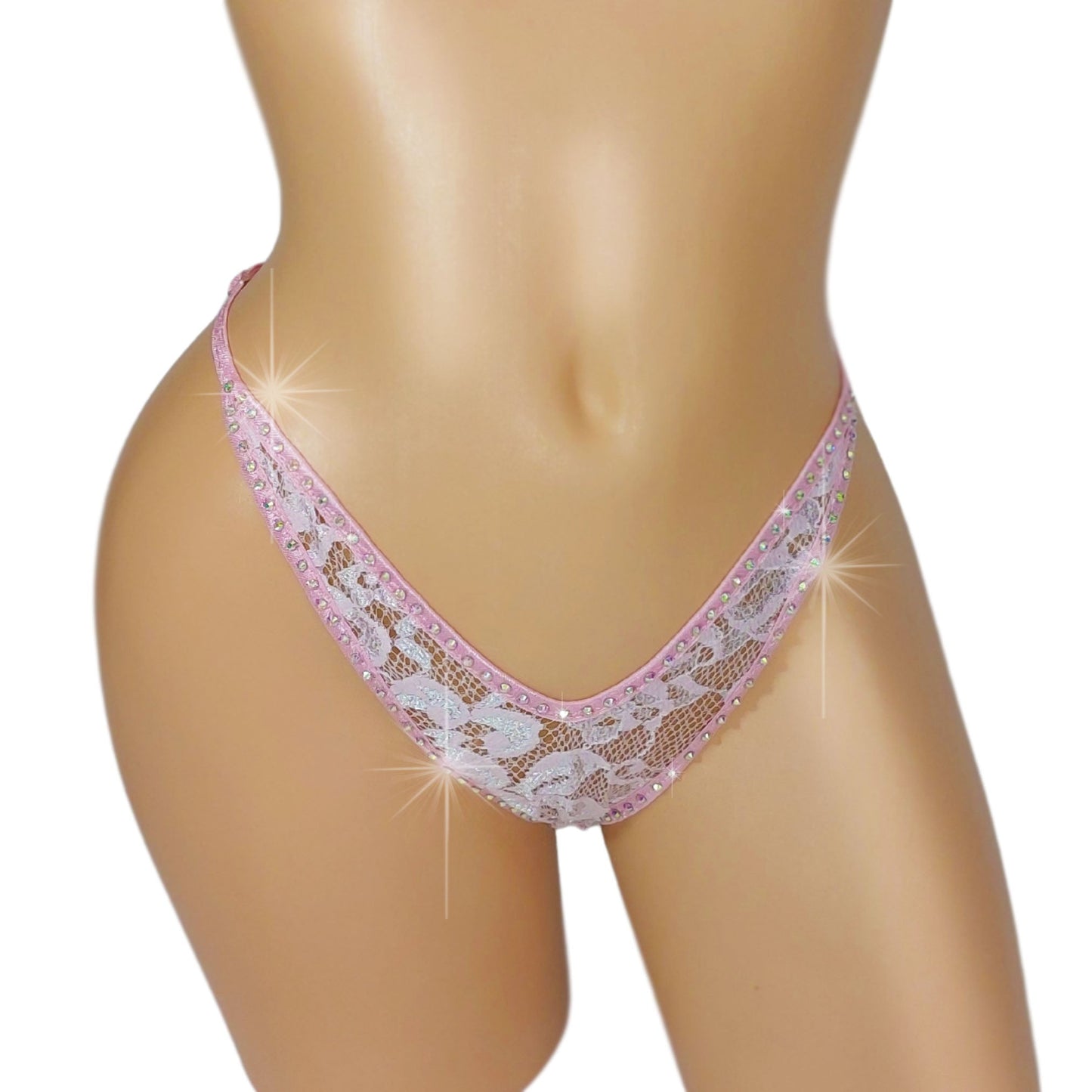 Baby Pink Lace Rhinestone G-string Thong - 5 adjustable sizes from XS to XL. Fully lined.