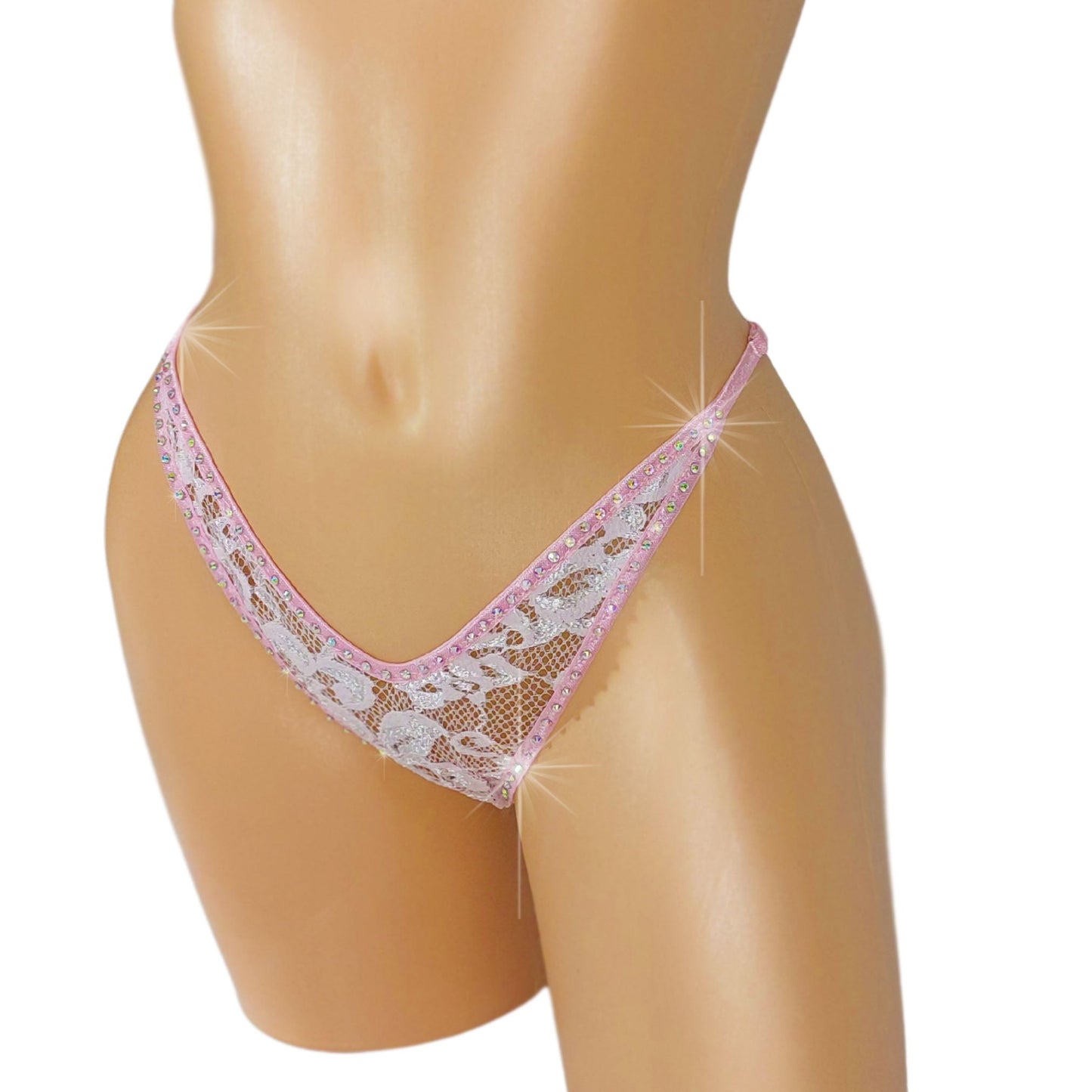 Baby Pink Lace Rhinestone G-string Thong - 5 adjustable sizes from XS to XL. Fully lined.