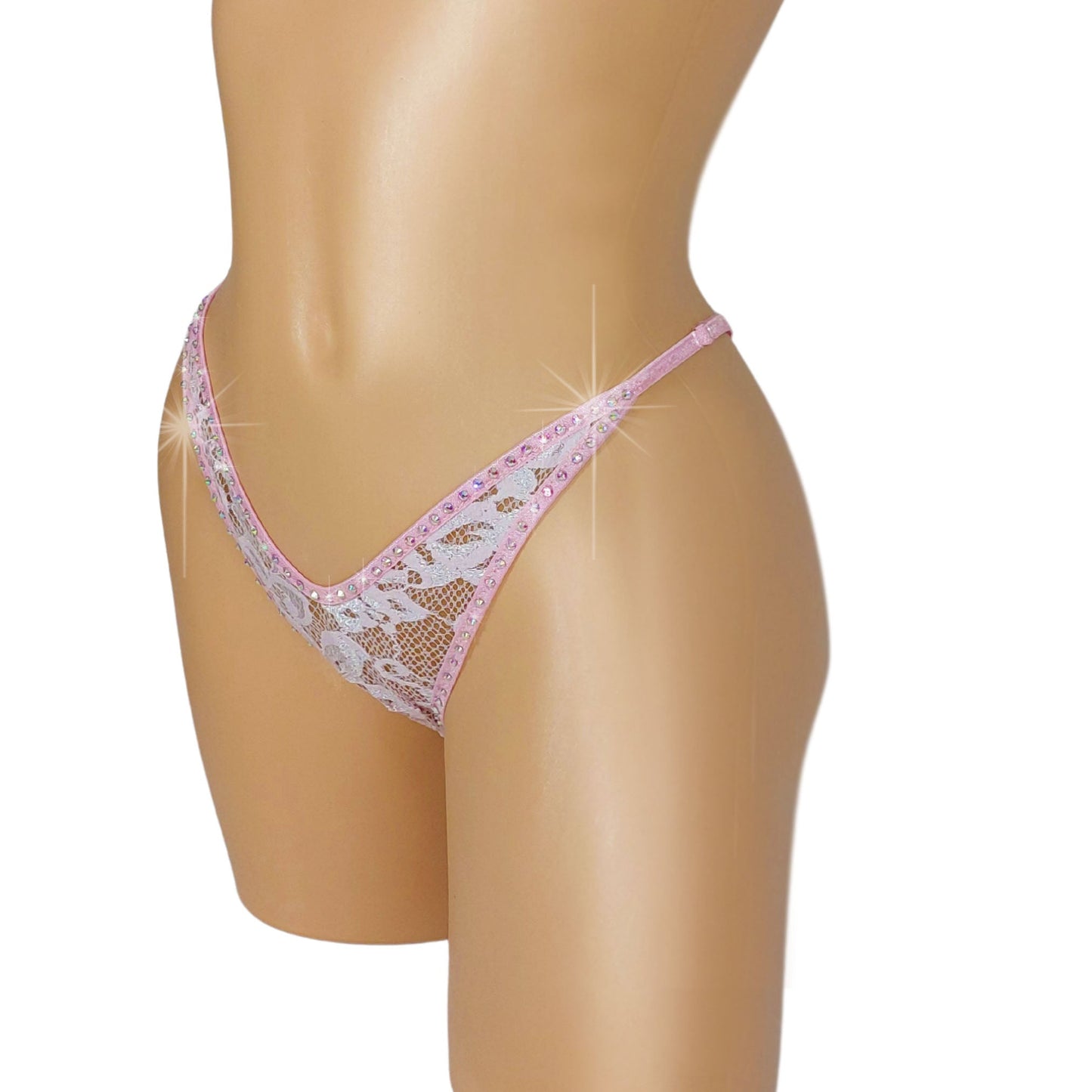 Baby Pink Lace Rhinestone G-string Thong - 5 adjustable sizes from XS to XL. Fully lined.