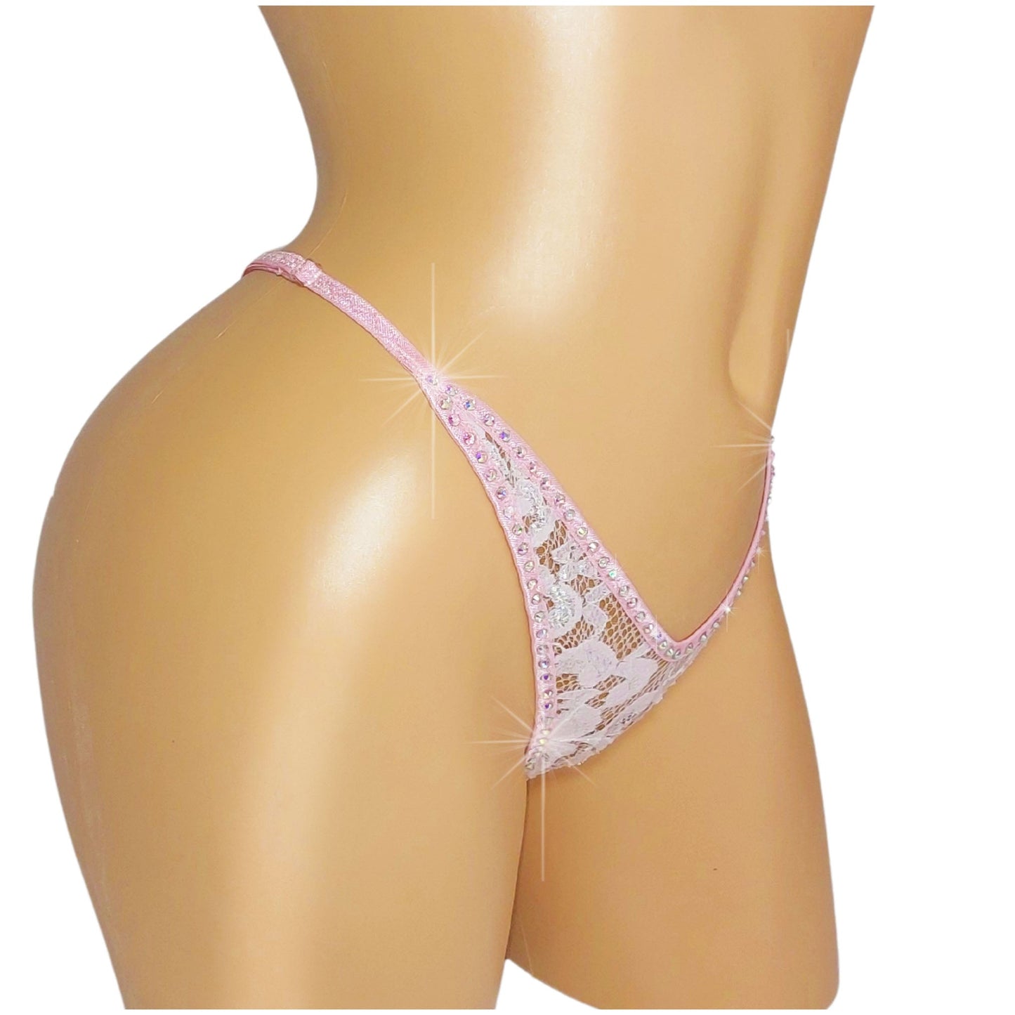 Baby Pink Lace Rhinestone G-string Thong - 5 adjustable sizes from XS to XL. Fully lined.