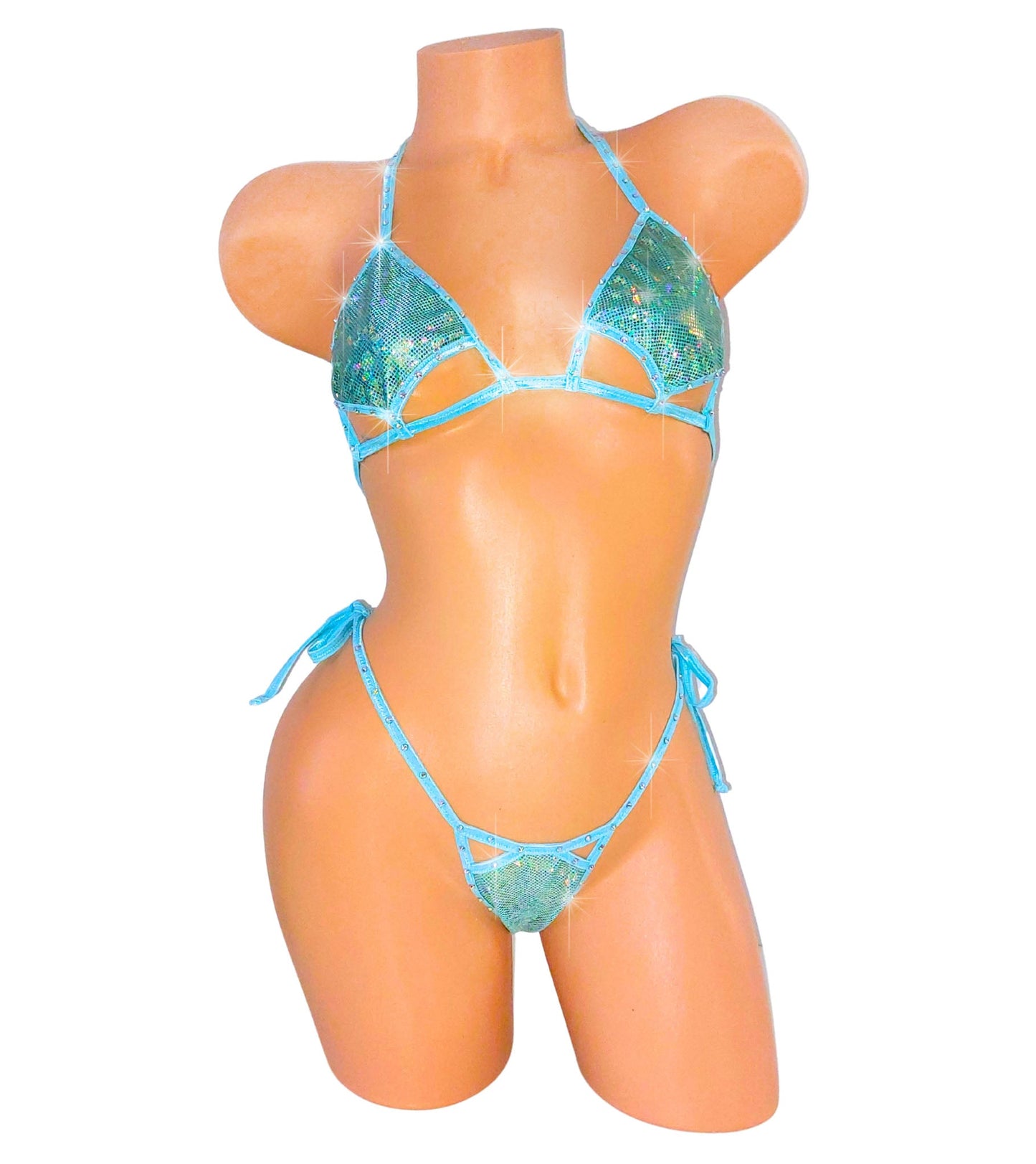 Seafoam Hologram Rhinestone Bikini thong Set with Cutouts