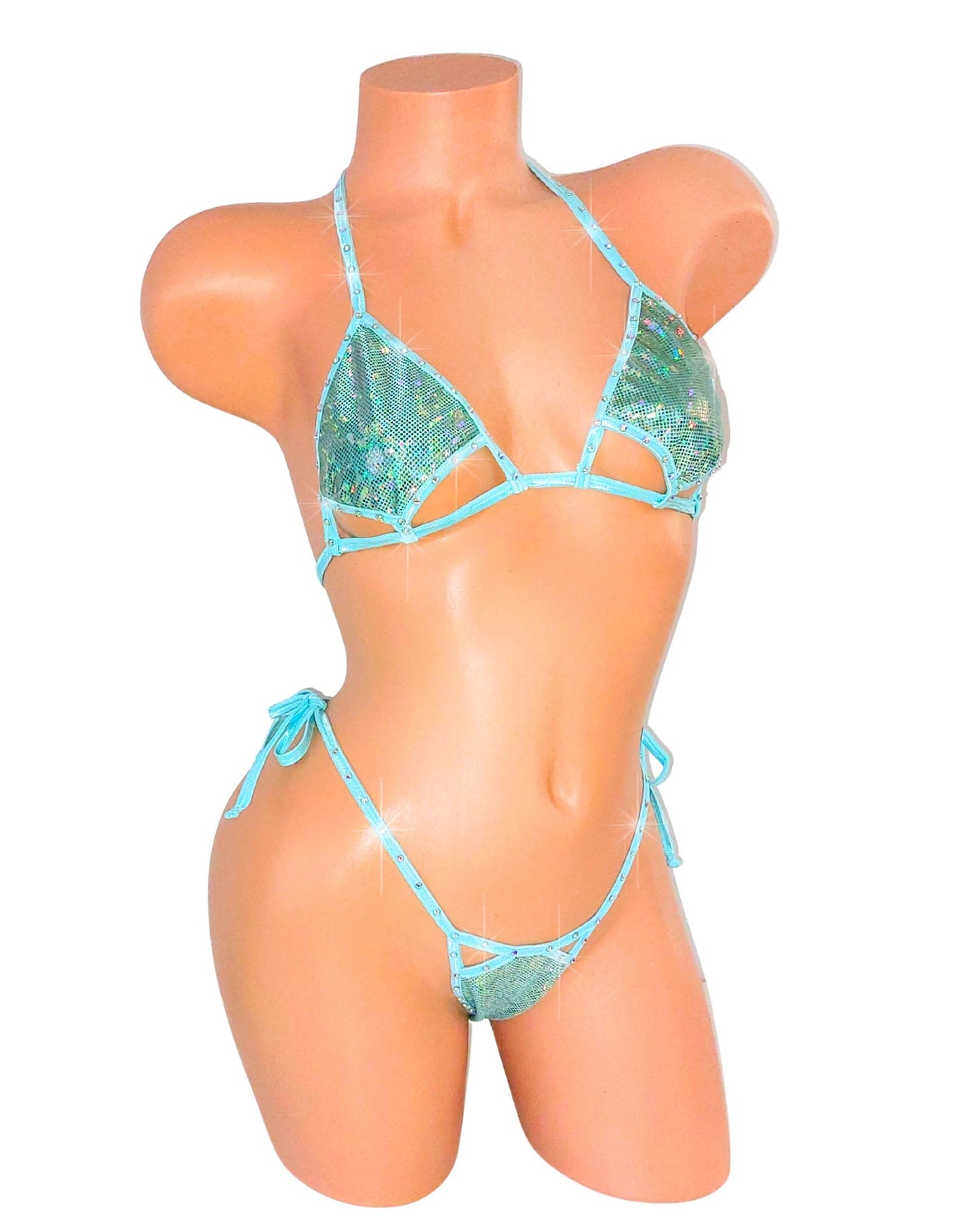 Seafoam Hologram Rhinestone Bikini thong Set with Cutouts