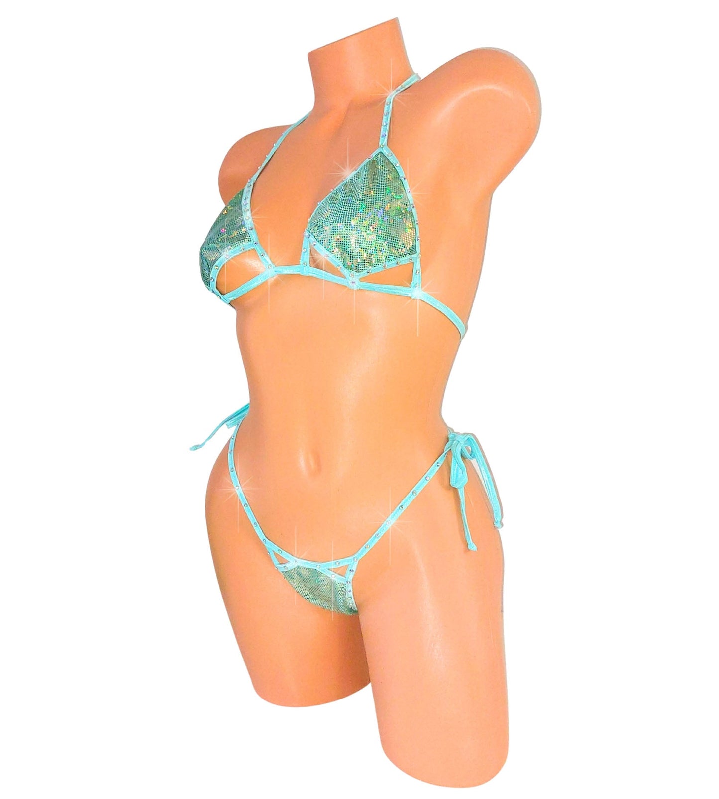 Seafoam Hologram Rhinestone Bikini thong Set with Cutouts