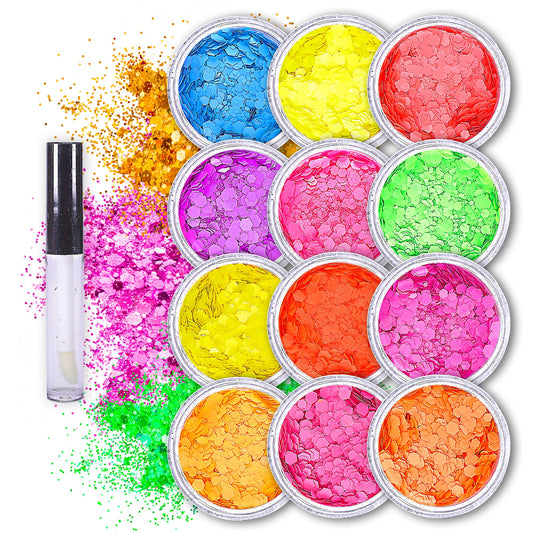 12 pack  Neon Glitter + 1 glitter glue Chunky Cosmetic Holographic Glitter | Body, Face & Hair Safe