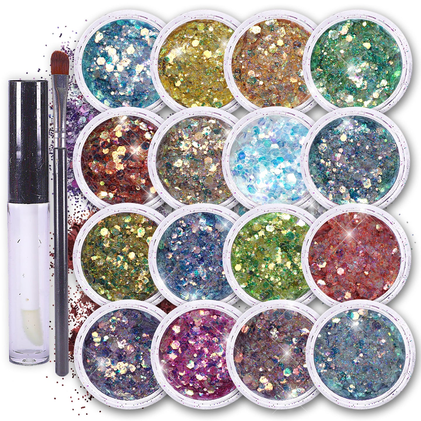Fairy Tears Chunky Holographic Body Glitter I 16 Colors + Glitter Glue for Face Glitter Makeup, Hair, Eye & Fine Glitter Eyeshadow - Perfect for Halloween, Resin, Tumblers, Craft, Cosmetic & Nail Art