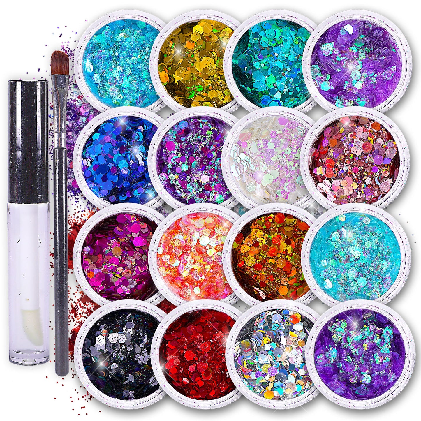 Fairy Tears Chunky Holographic Body Glitter I 16 Colors + Glitter Glue for Face Glitter Makeup, Hair, Eye & Fine Glitter Eyeshadow - Perfect for Halloween, Resin, Tumblers, Craft, Cosmetic & Nail Art