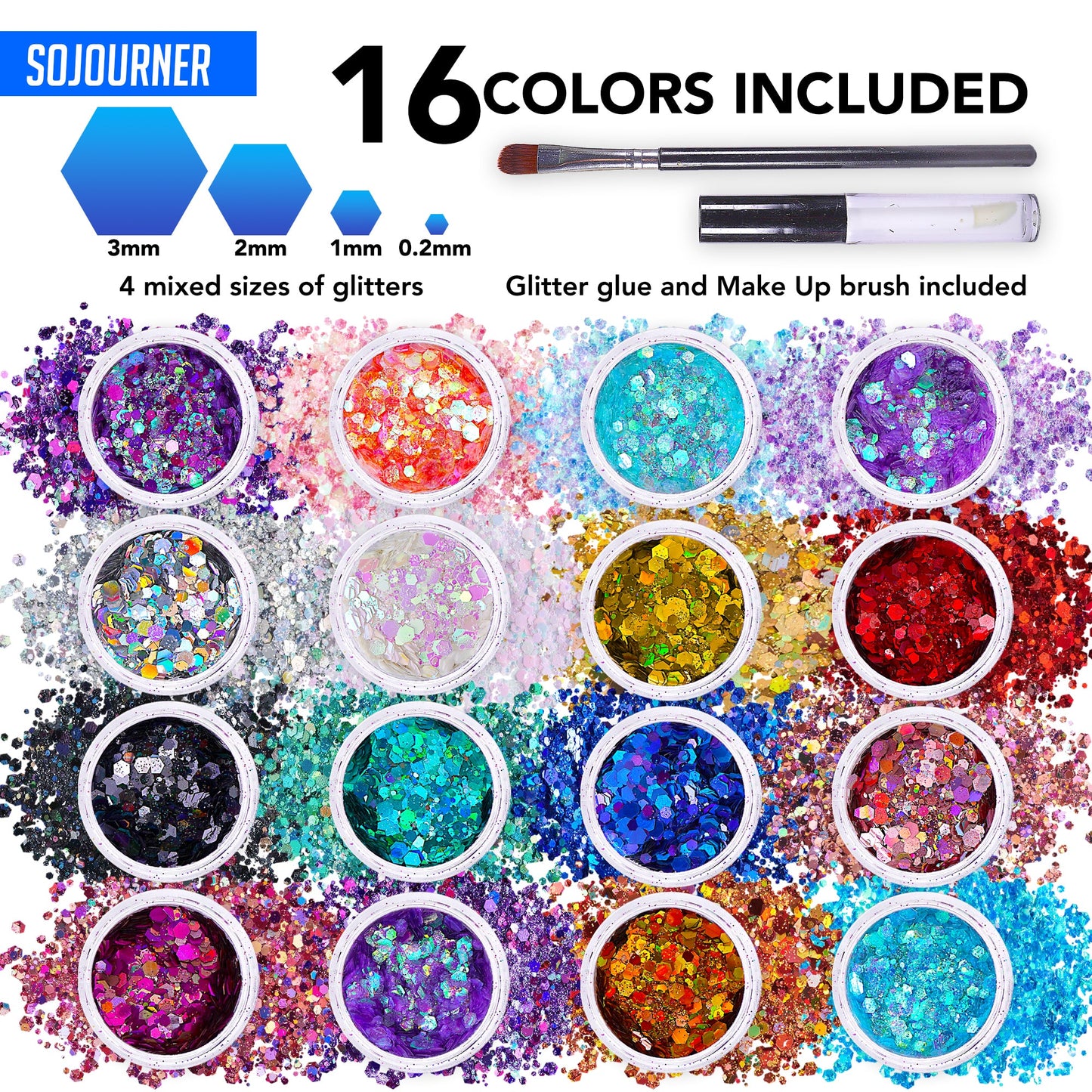 16 pack + 1 glitter glue Chunky Cosmetic Holographic Glitter | Body, Face & Hair Safe