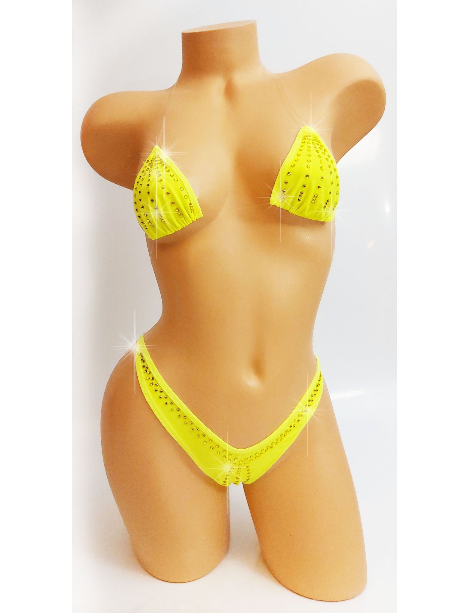 Neon Yellow transparent Clear invisible elastic Micro string thong bikini with Yellow Rhinestones