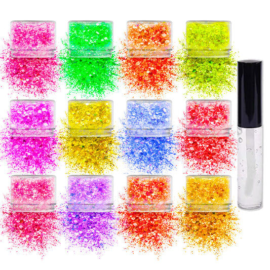 12 pack Neon Glitter + 1 glitter glue Chunky Cosmetic Holographic Glitter | Body, Face & Hair Safe