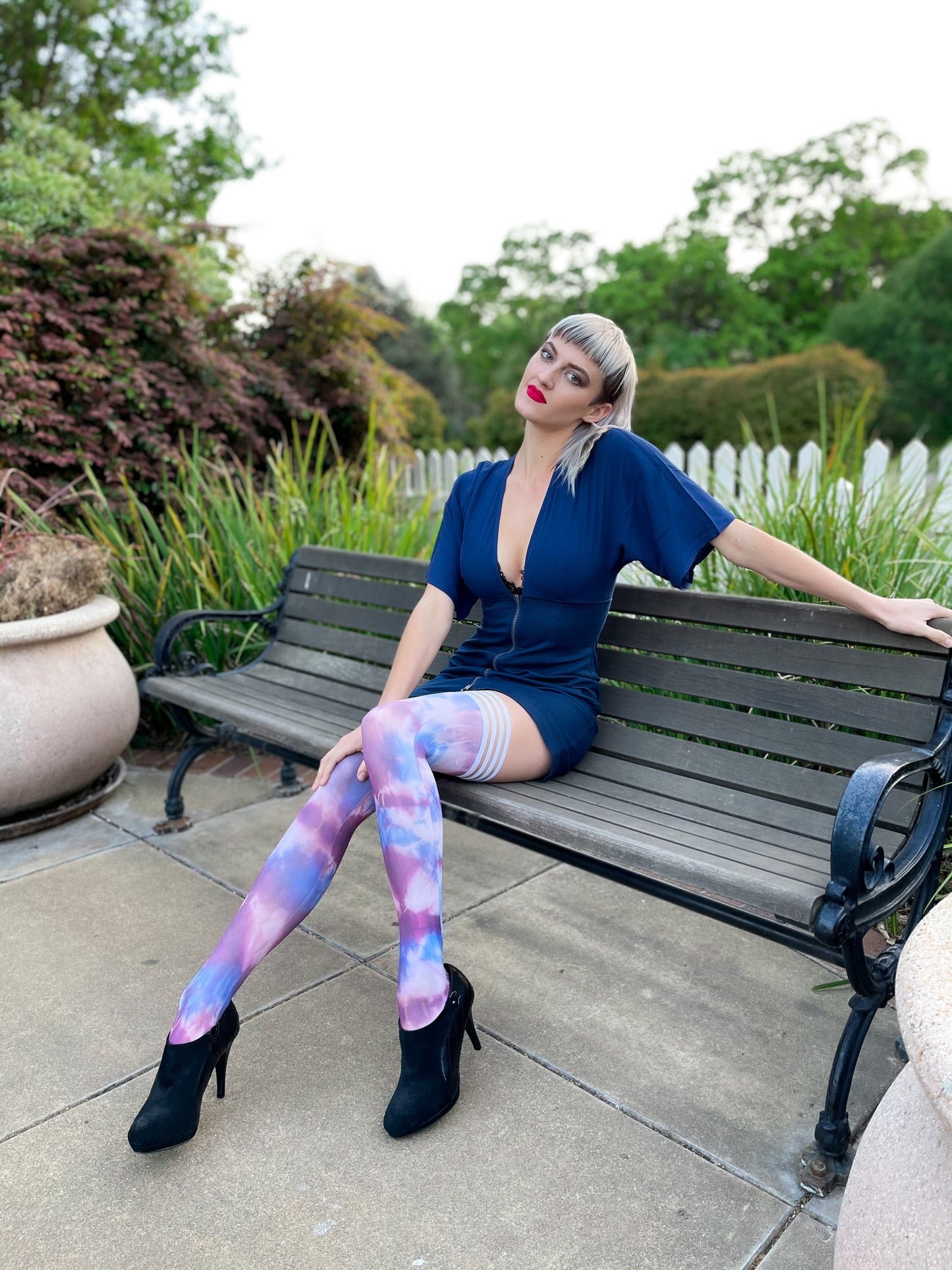 Madisen: Blue and Purple Tie Dye Thigh Highs. Petite to Plus Size