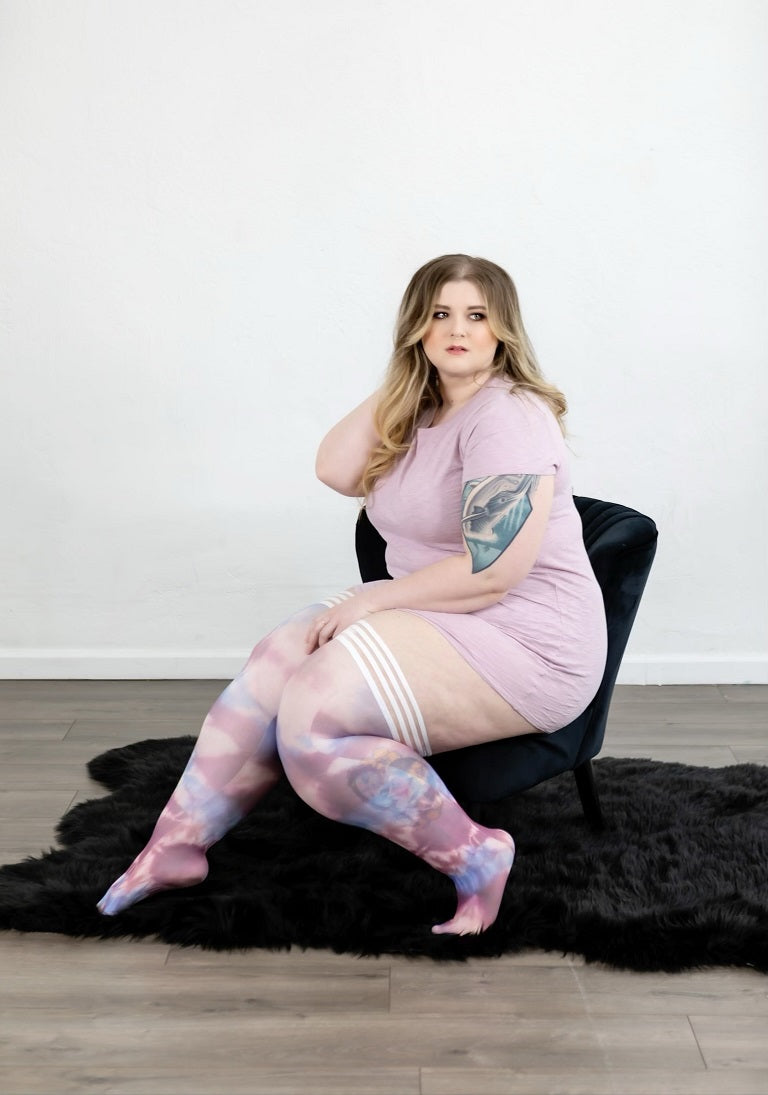 Madisen: Blue and Purple Tie Dye Thigh Highs. Petite to Plus Size