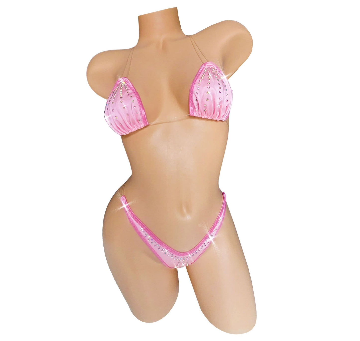 Baby Pink with Rhinestones - Tranparent Clear invisible elastic two piece string thong bikini Exotic dancewear Stripper Pole sexy fits