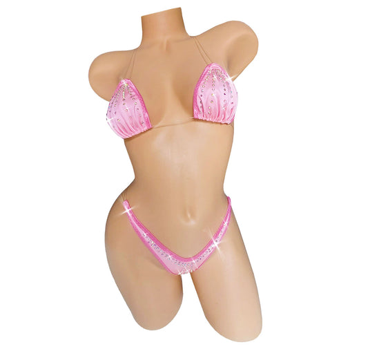 Baby Pink with Rhinestones - Tranparent Clear invisible elastic two piece string thong bikini Exotic dancewear Stripper Pole sexy fits