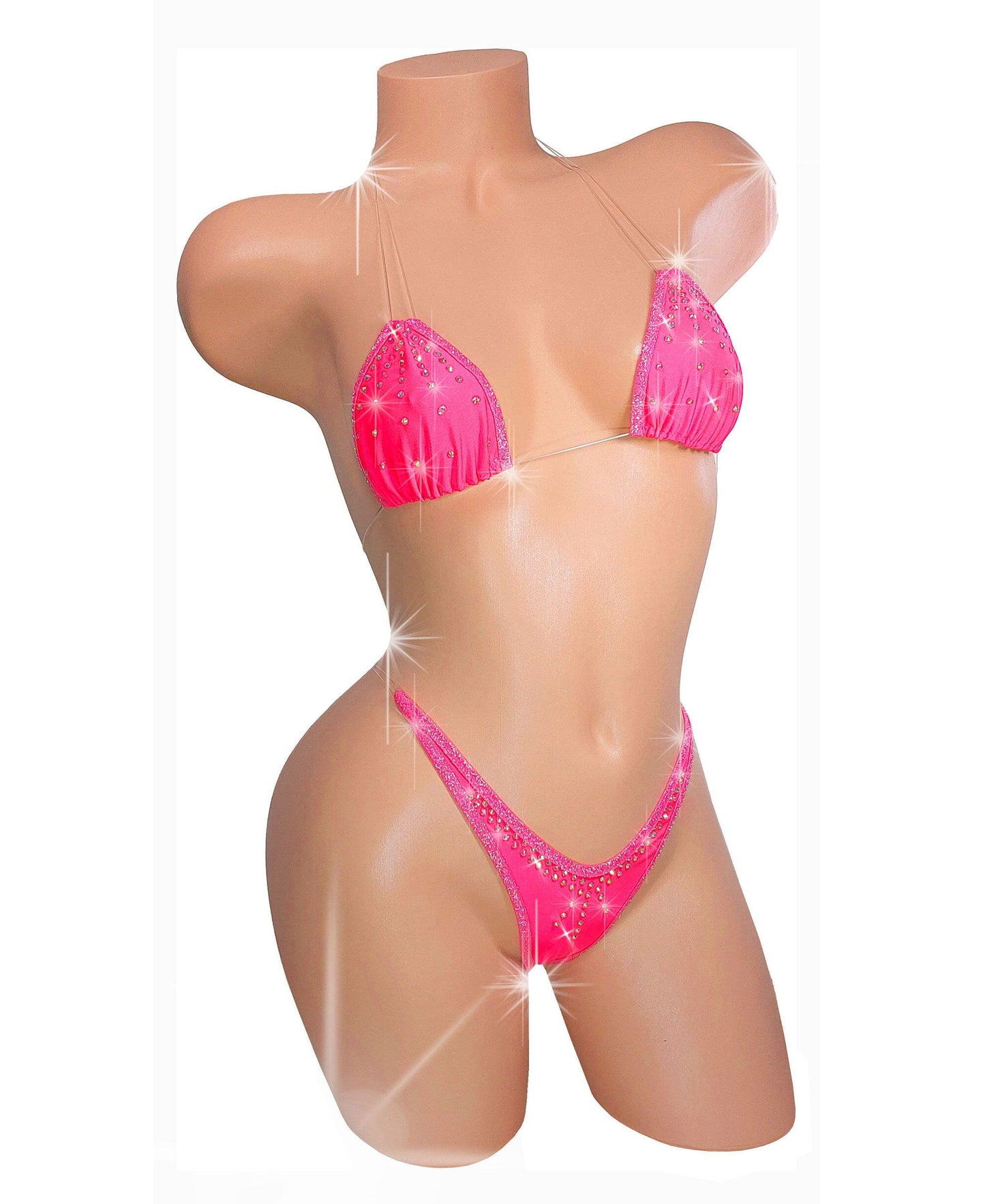 Hot Pink Coral transparent clear elastic Micro Rhinestone thong Bikini set