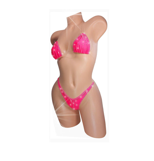 Hot Pink Coral transparent clear elastic Micro Rhinestone thong Bikini set