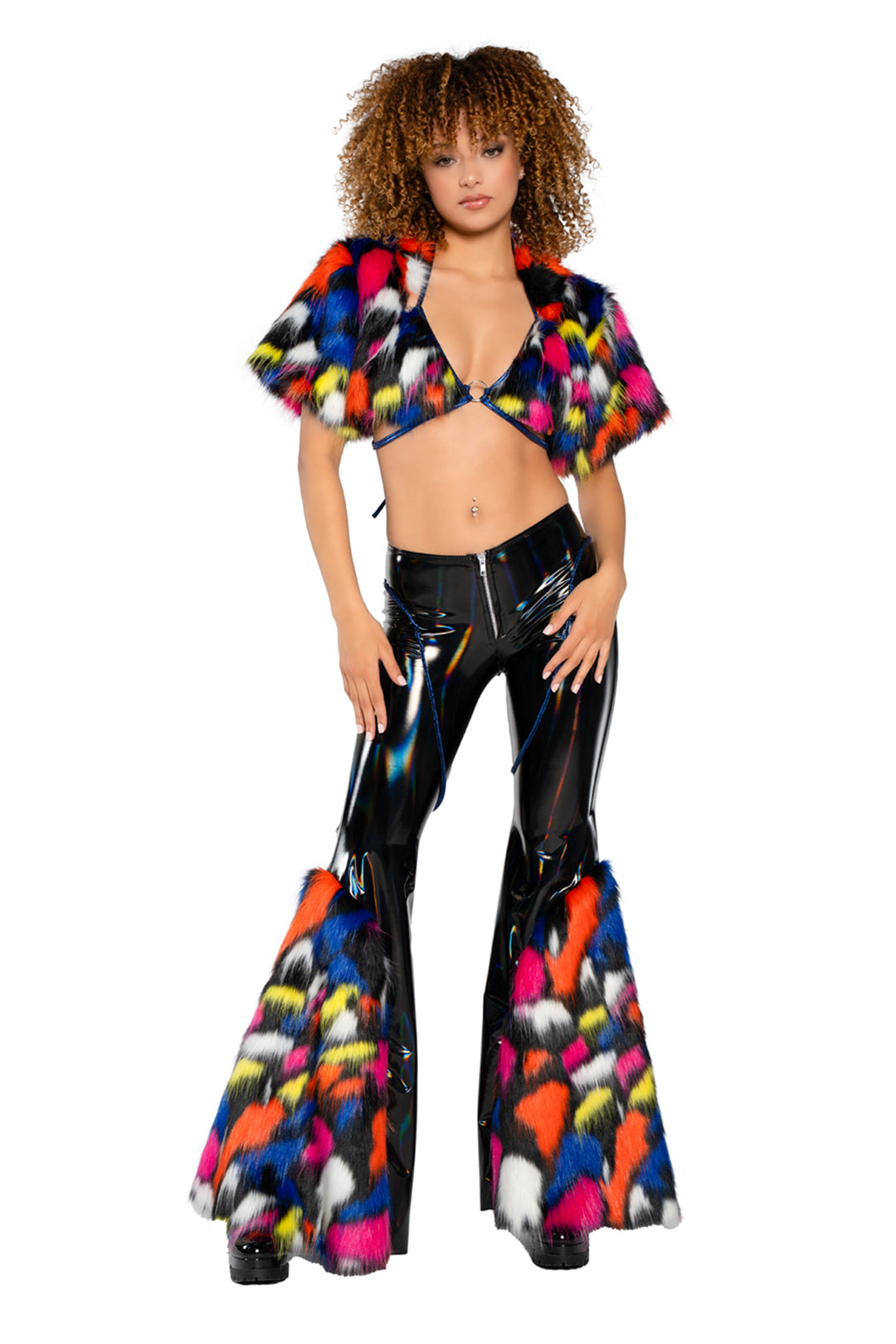 Holo PVC/Faux Fur Bell-Bottom Pant